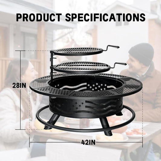36/42/47" 3-in-1 Fire Pit Table, Extra Large Wood Burning Outdoor Firepit with Lid & Poker