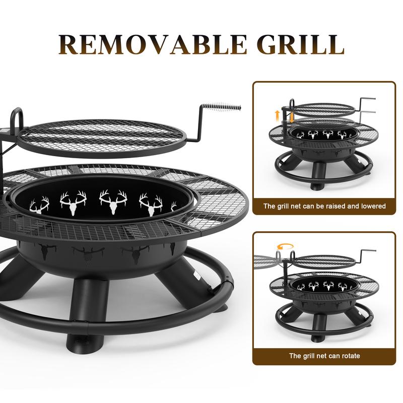 36/42/47" 3-in-1 Fire Pit Table, Extra Large Wood Burning Outdoor Firepit with Lid & Poker